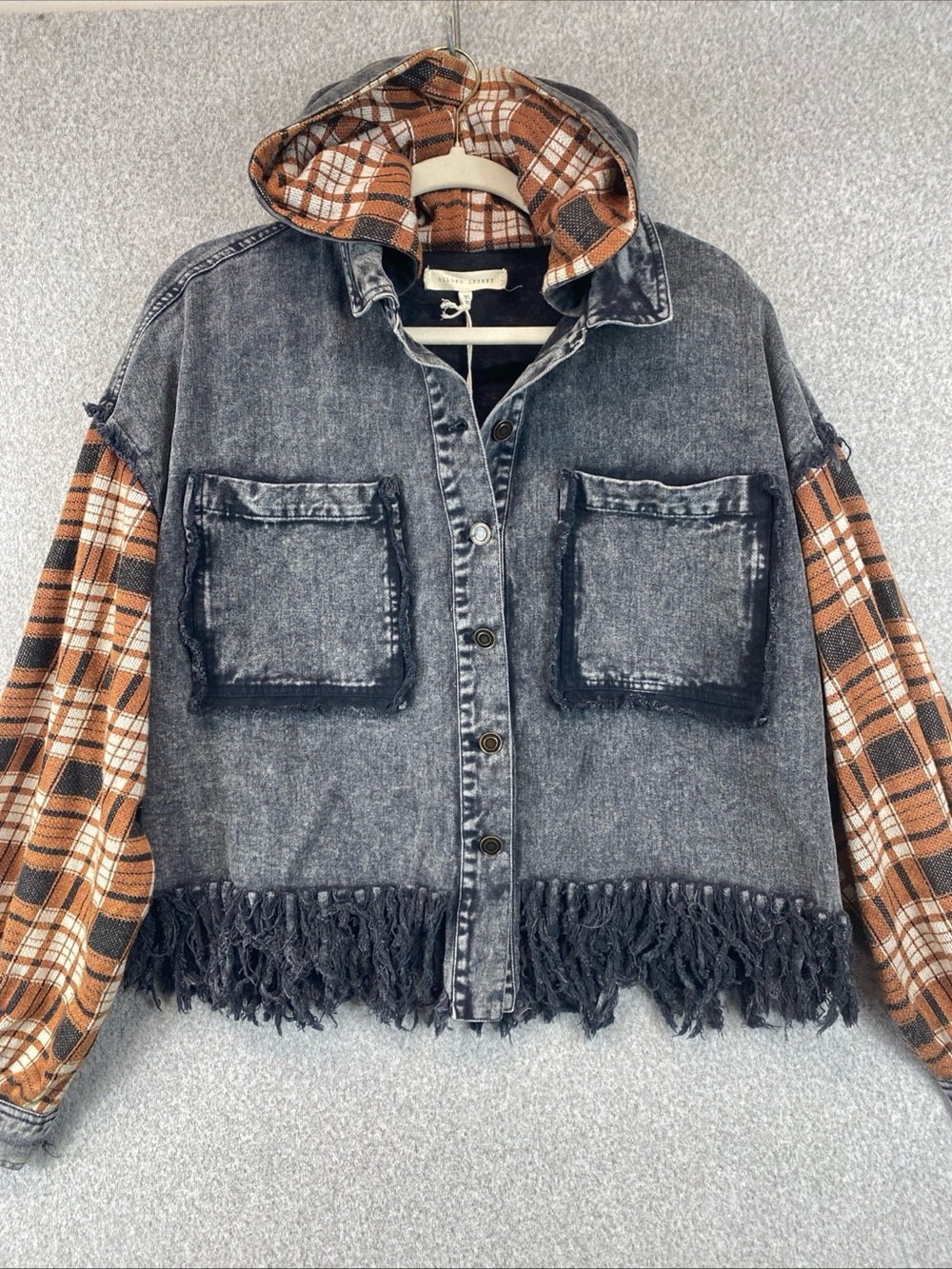 Gilded Intent Plaid Hoodie Jean Jacket Size Medium Fringe Cropped Boxy Grunge